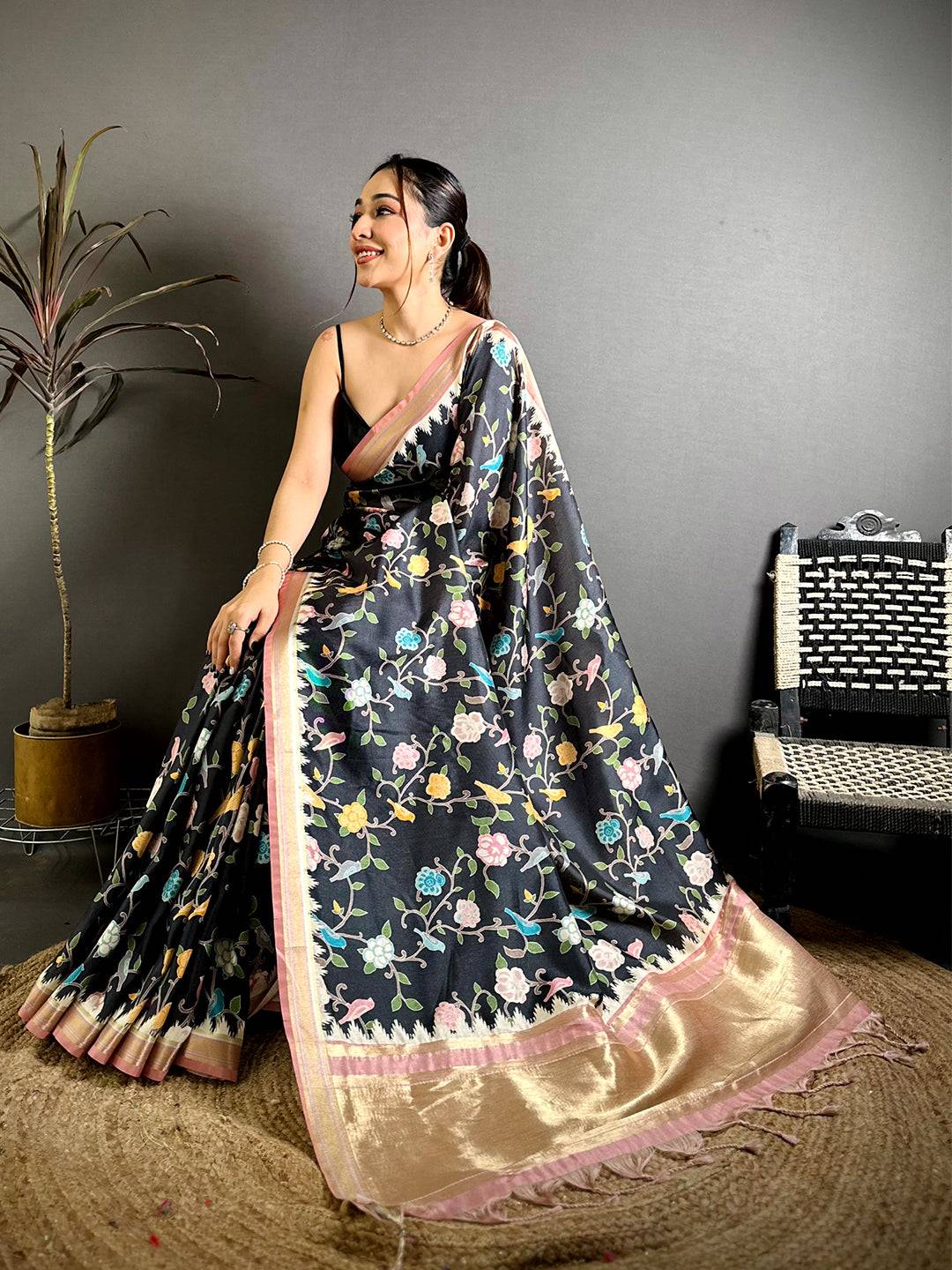 Royal Gold Lakda Patta Kalamkari Saree