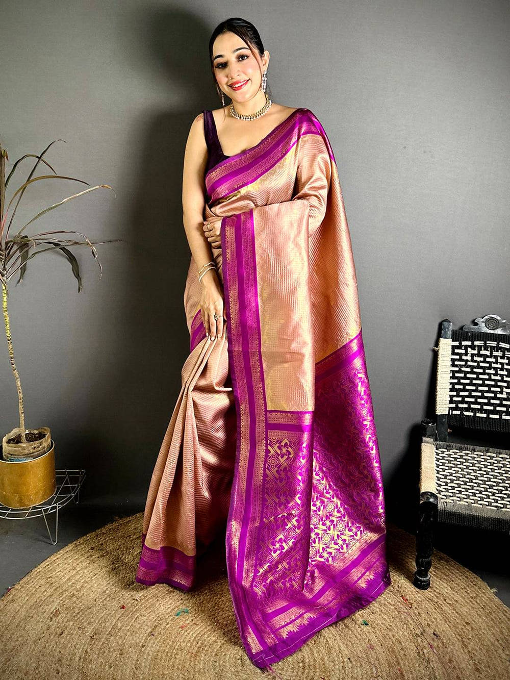 Peach Banarasi Katan Silk Gadwal Zari Saree