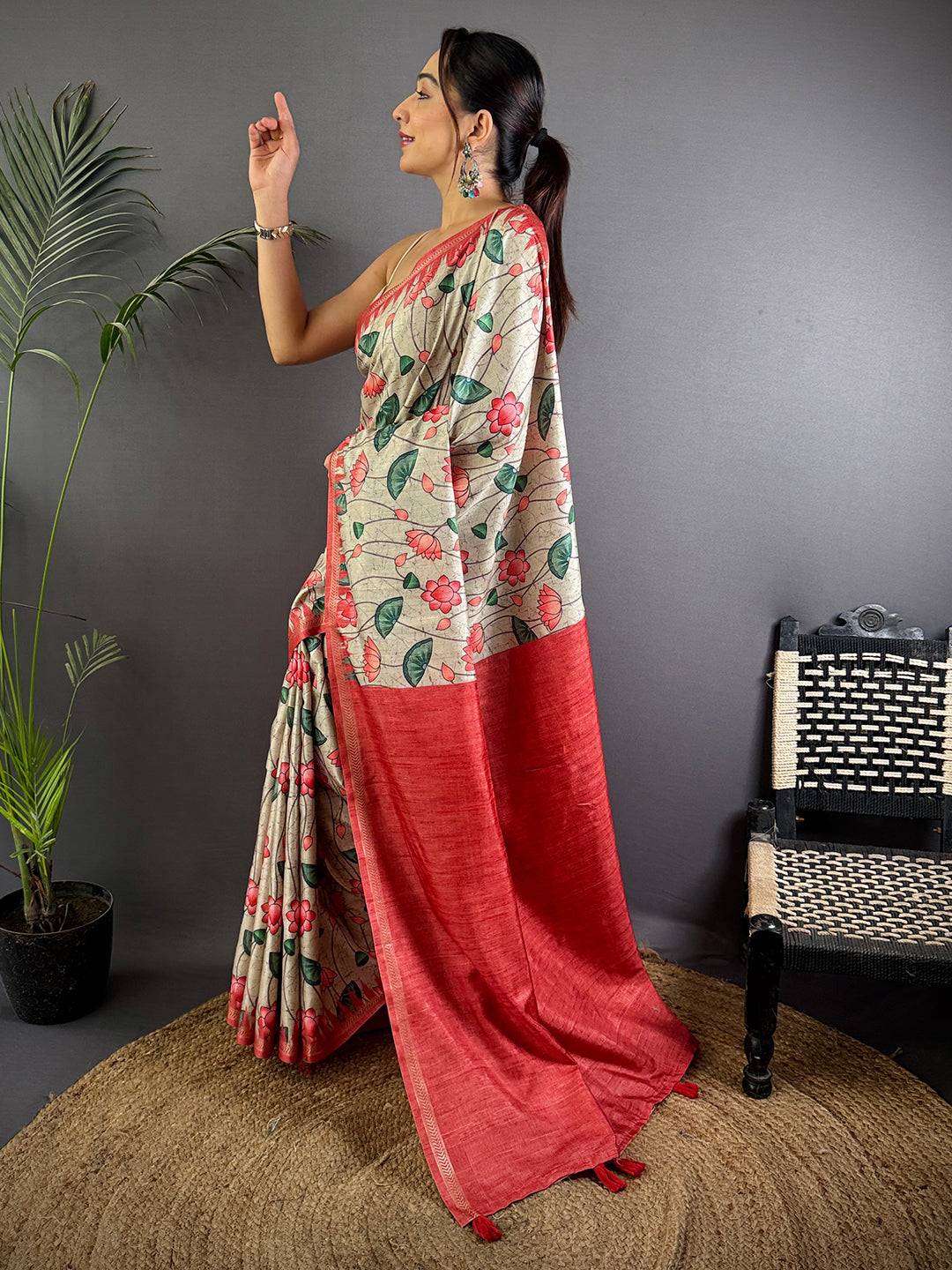 Beige Pichwai Print Tussar Silk Saree

