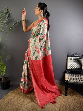 Beige Pichwai Print Tussar Silk Saree

