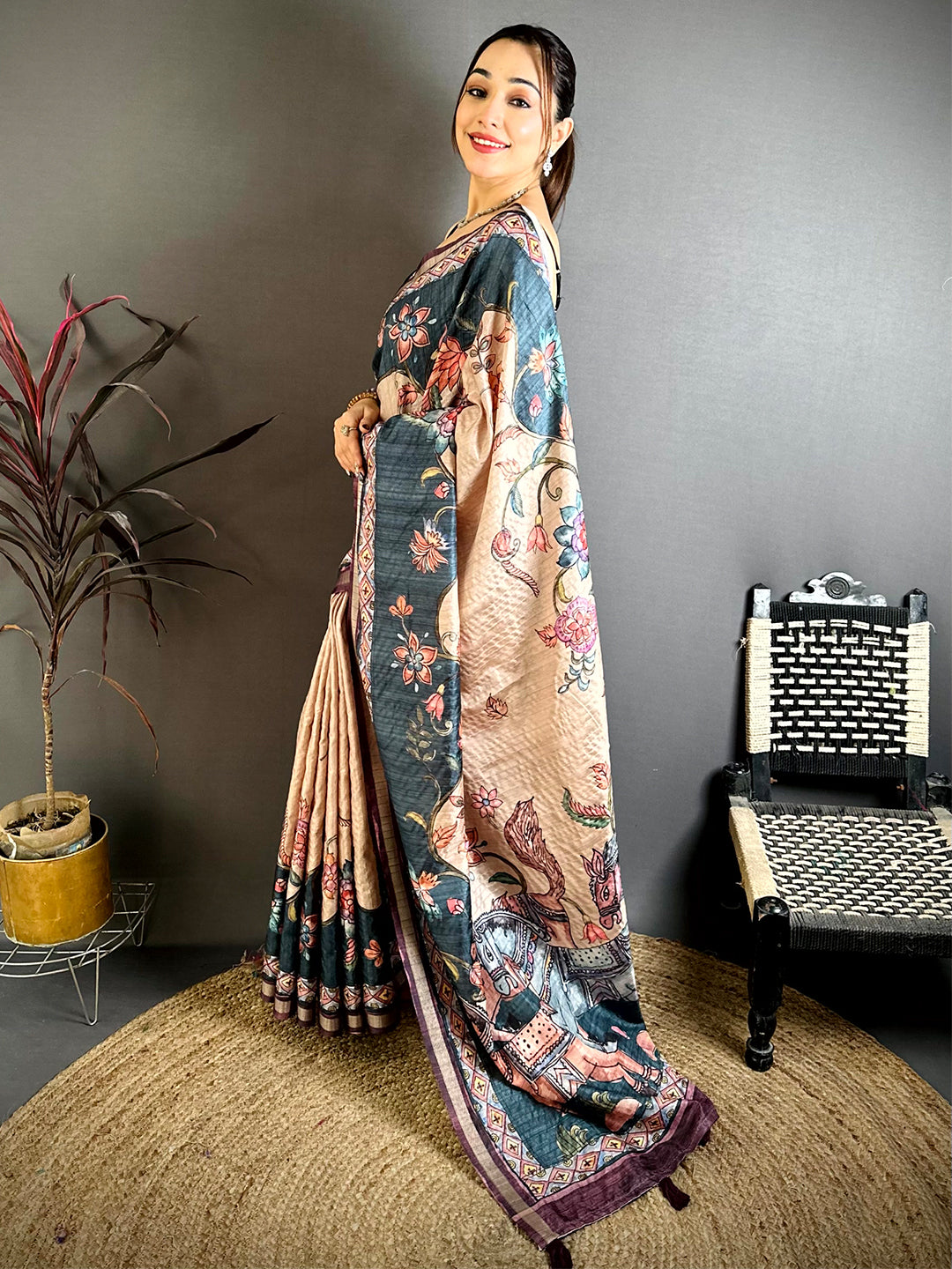 Heritage Tussar Ghicha Kalamkari Saree