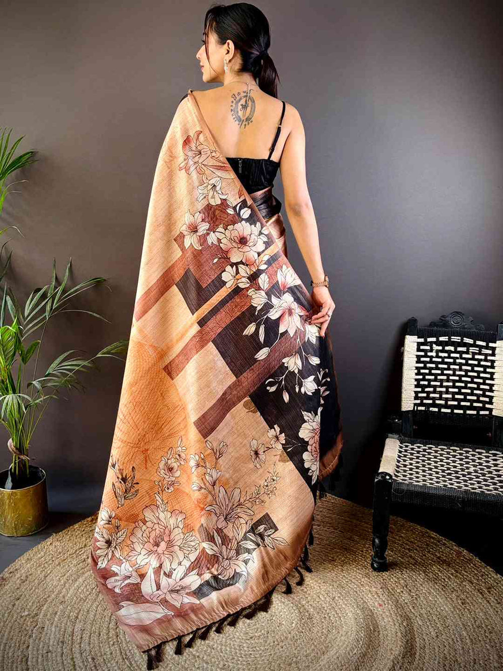 Petals Peach Tussar Zari Floral Saree