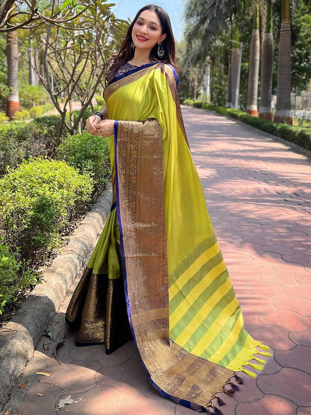 Traditional Lime Silk Saree with Kanjivaram Design