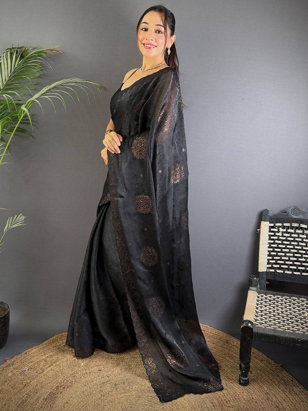 Black Art Silk Sith Embroidery Work Saree