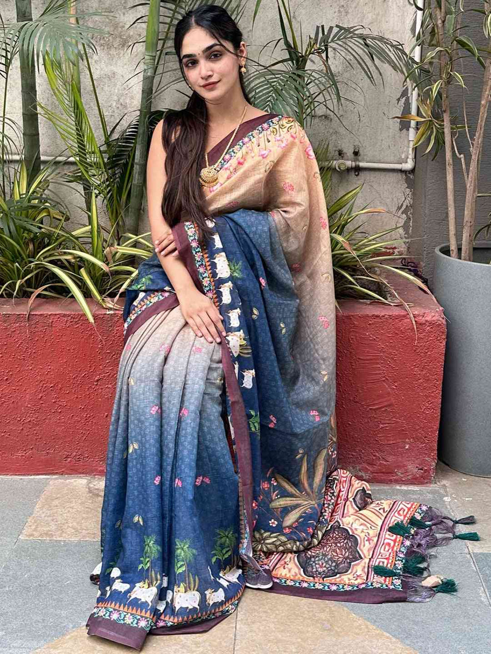 Blue ombre Pichwai printed saree with floral motifs