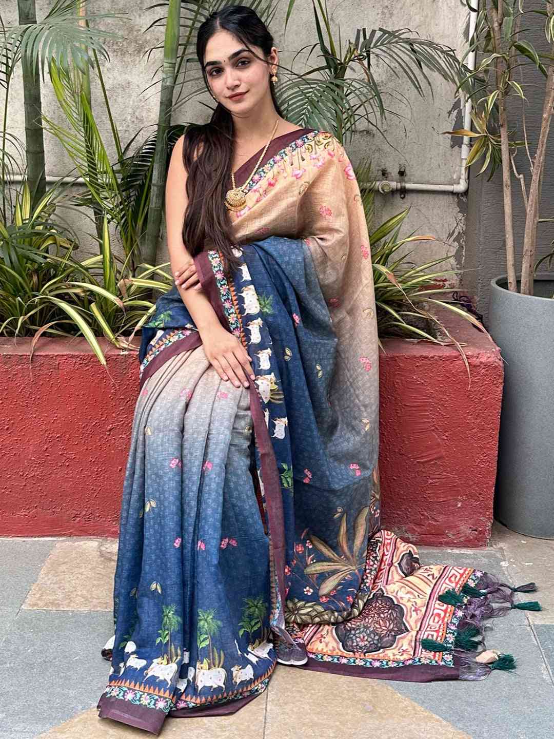 Blue ombre Pichwai printed saree with floral motifs