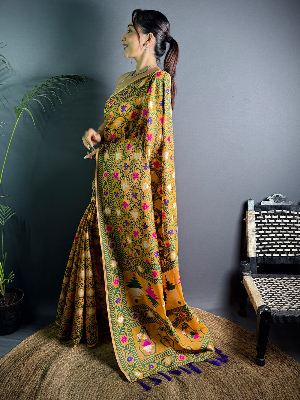 Olive Mustard Dhakai Jamdani Silk Saree