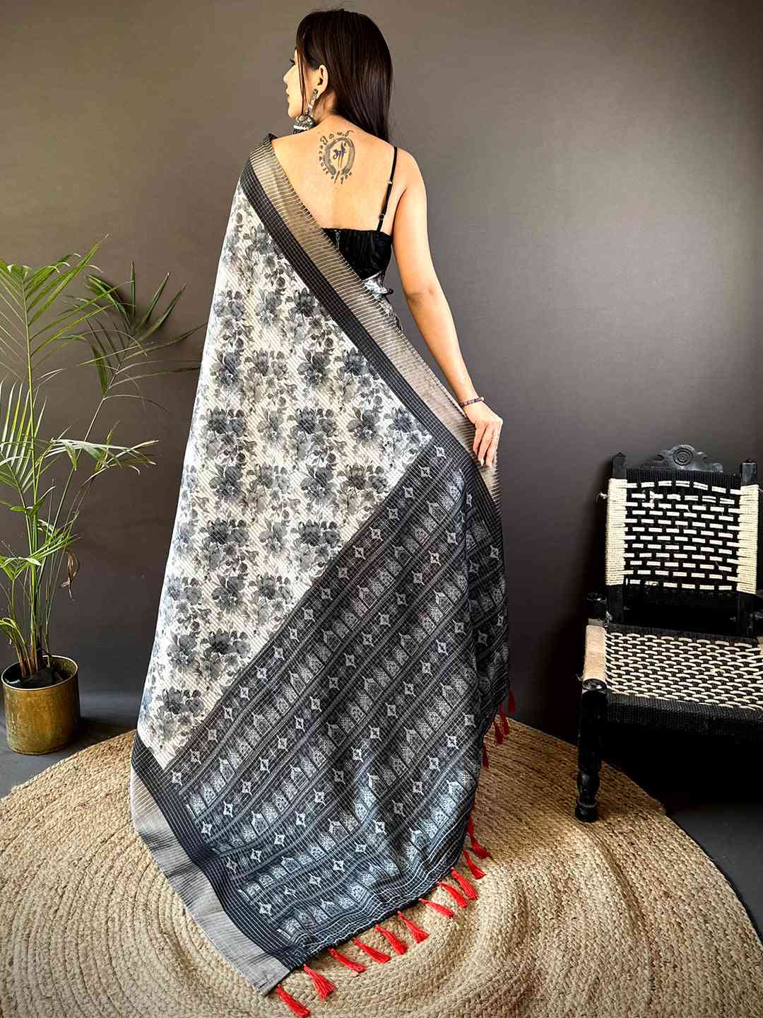 Black Check Tissue Chanderi Kalamkari Saree