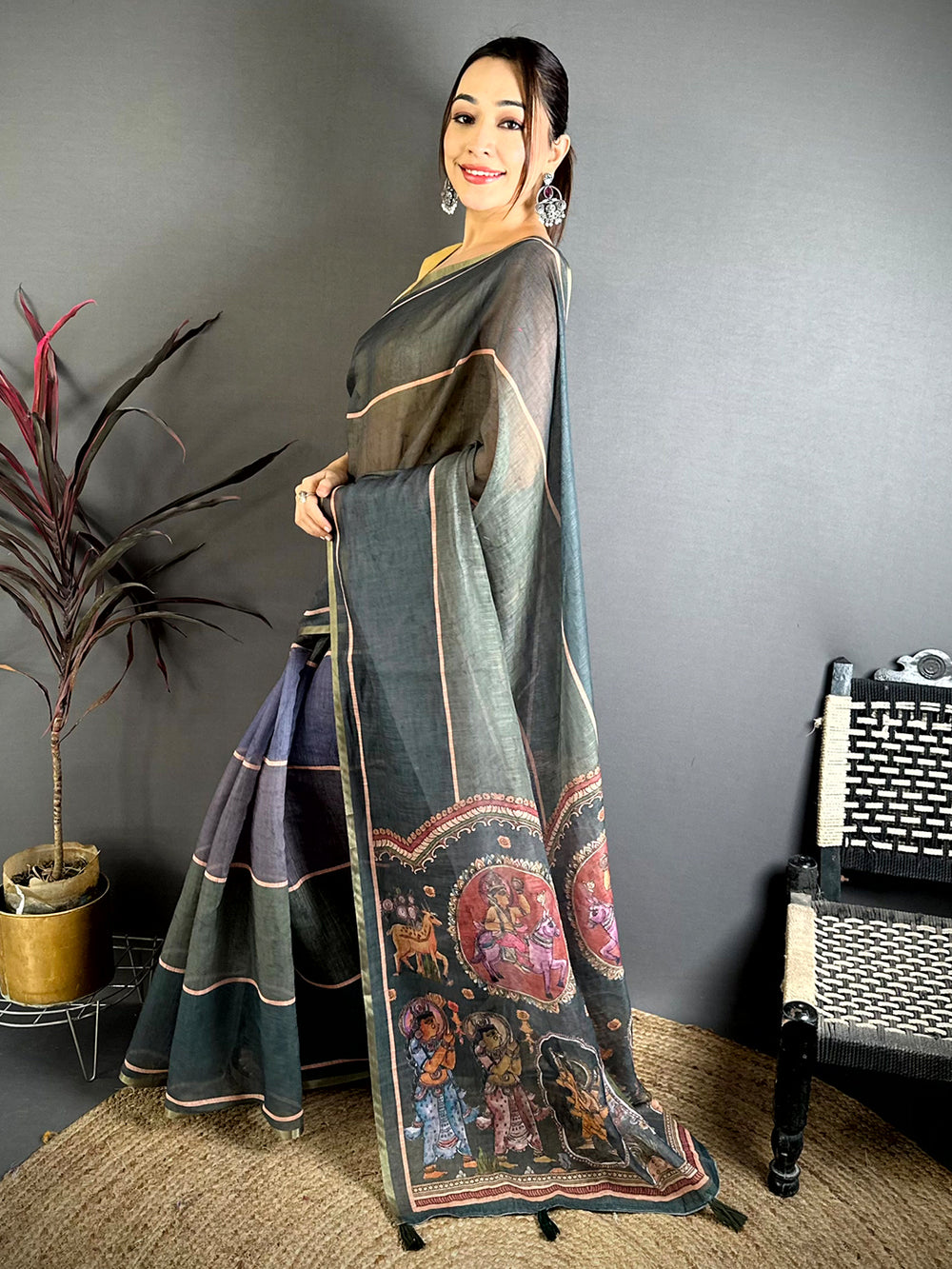 Regal Stripe Linen Tissue Saree