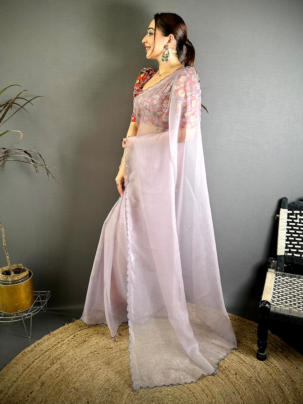 Elegant Lavender Resham Work Chiffon Saree