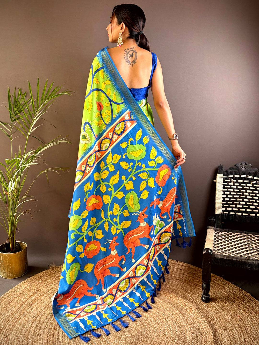 Volt Green Soft Silk Kalamkari Saree