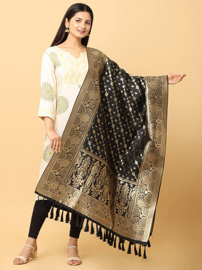 Black silk blend dupatta with woven design and resham tassels