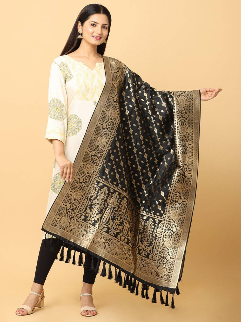 Black silk blend dupatta with woven design and resham tassels