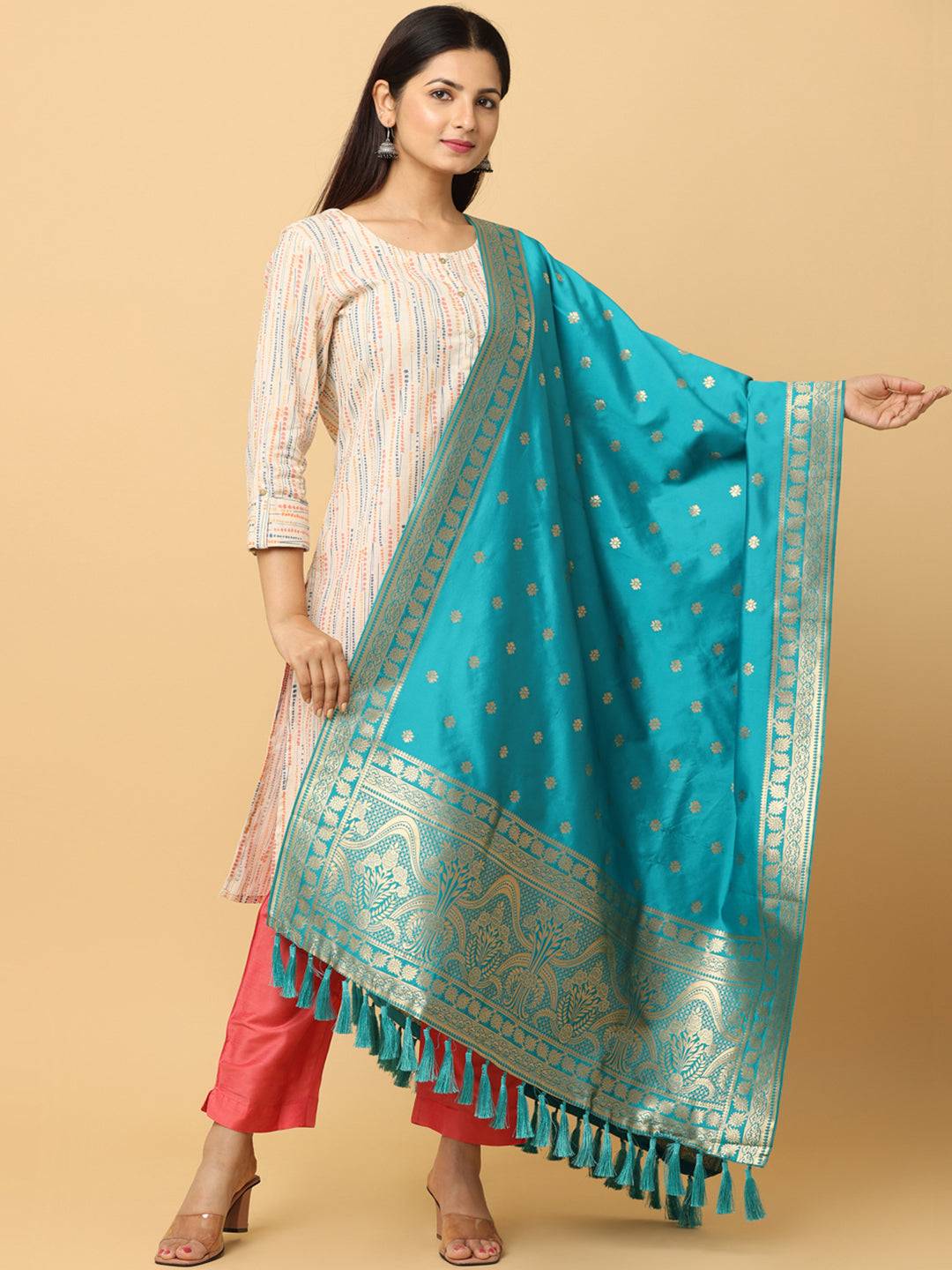 Turquoise silk blend dupatta with woven design and tassels