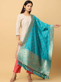 Turquoise silk blend dupatta with woven design and tassels