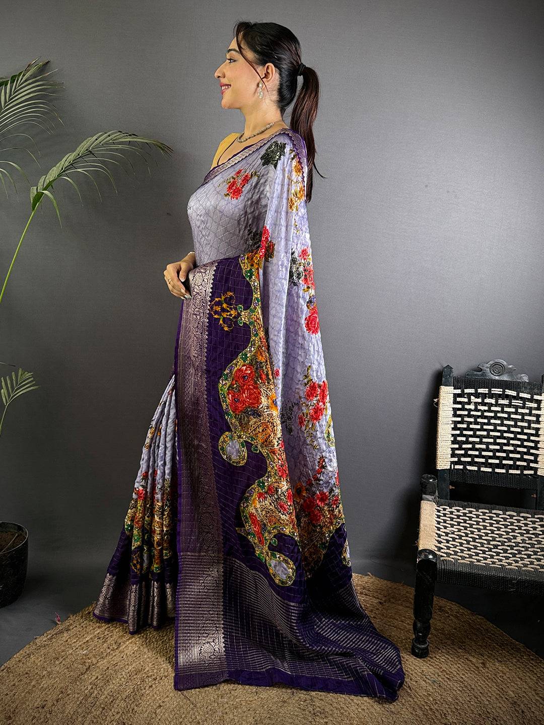 Lavender Pure Viscose Floral Printed Saree