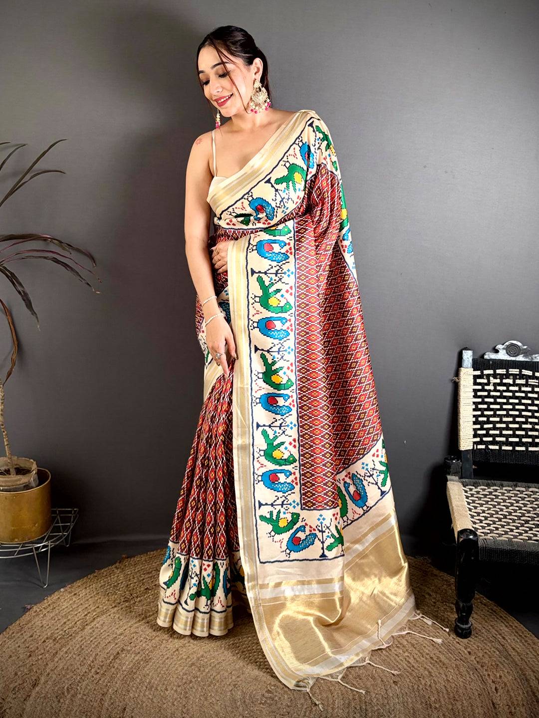 Maroon Soft Kanchi Silk Ikkat Patola Saree