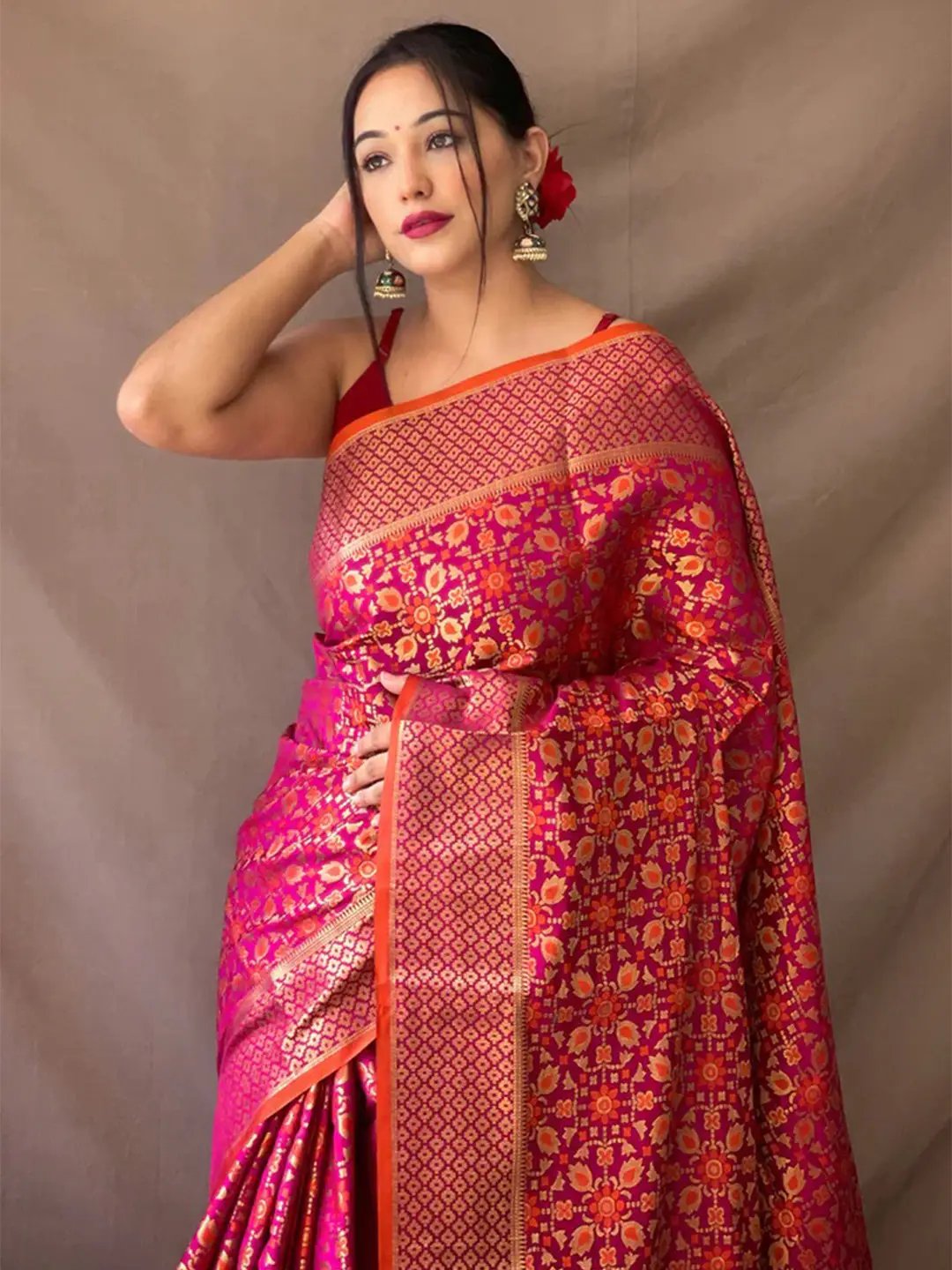 Wine Rajkoti Patola Silk Saree with intricate zari work