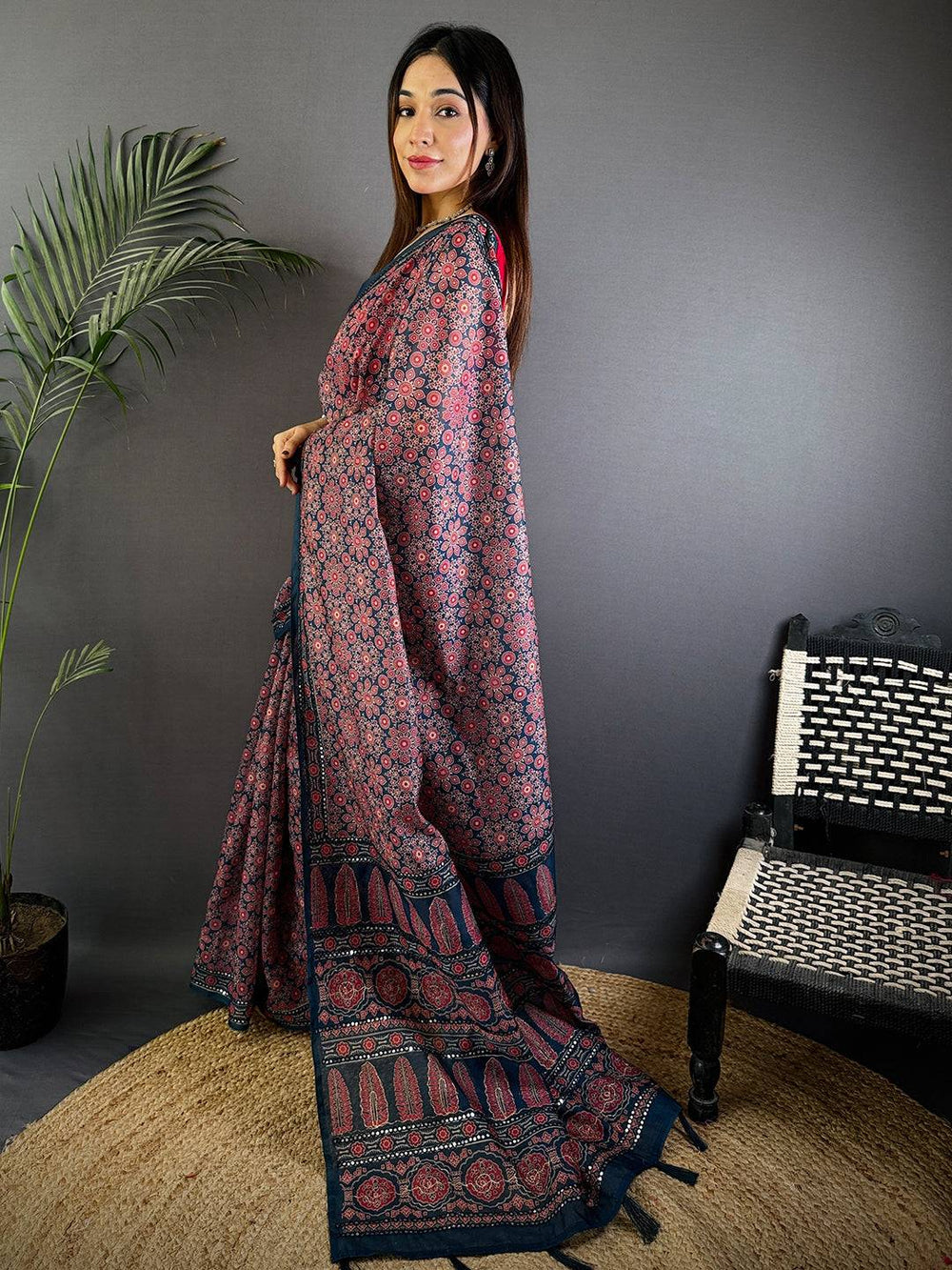 Navy Blue Charm Mirror Work Silk Saree