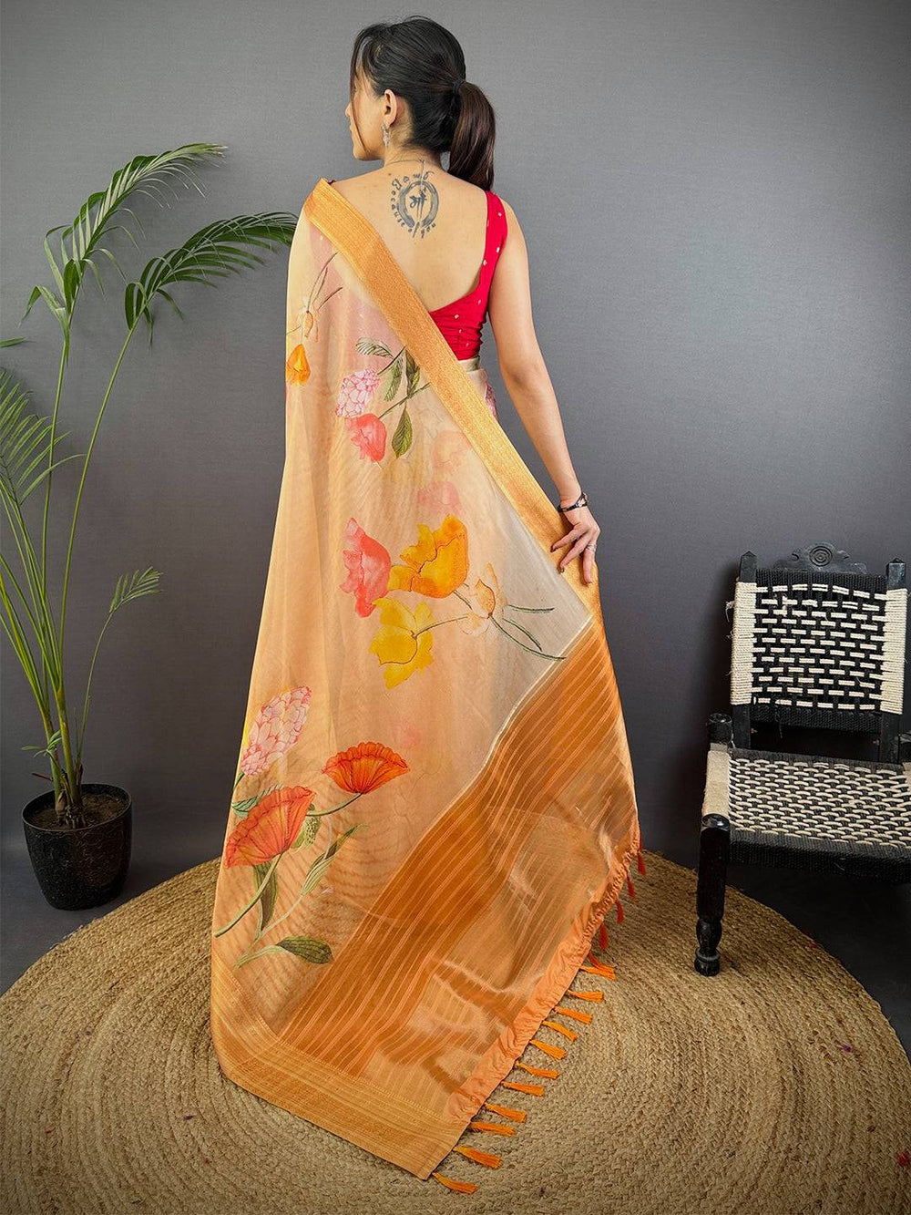 Orange Soft Organza Digital Print Saree