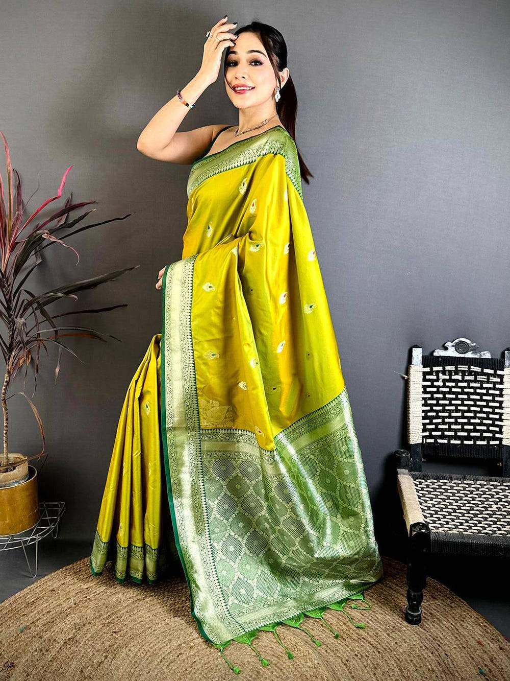 Lime Yellow Heritage Gadwal Silk Saree
