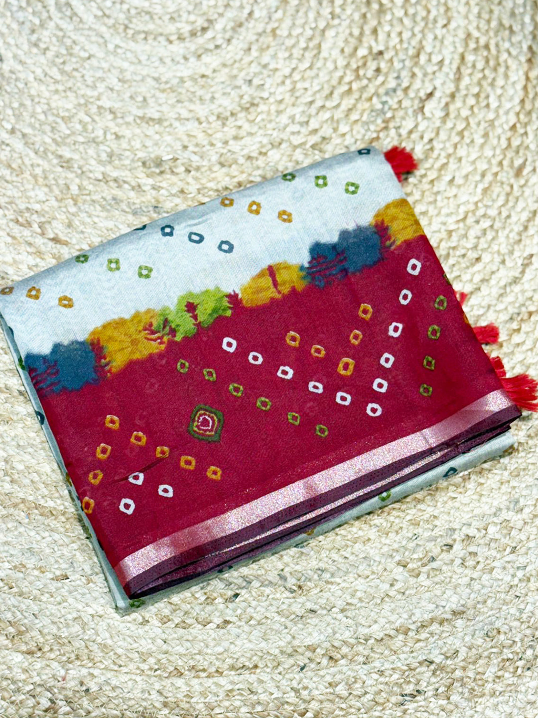 Red Mul Cotton Bandhej Print Saree