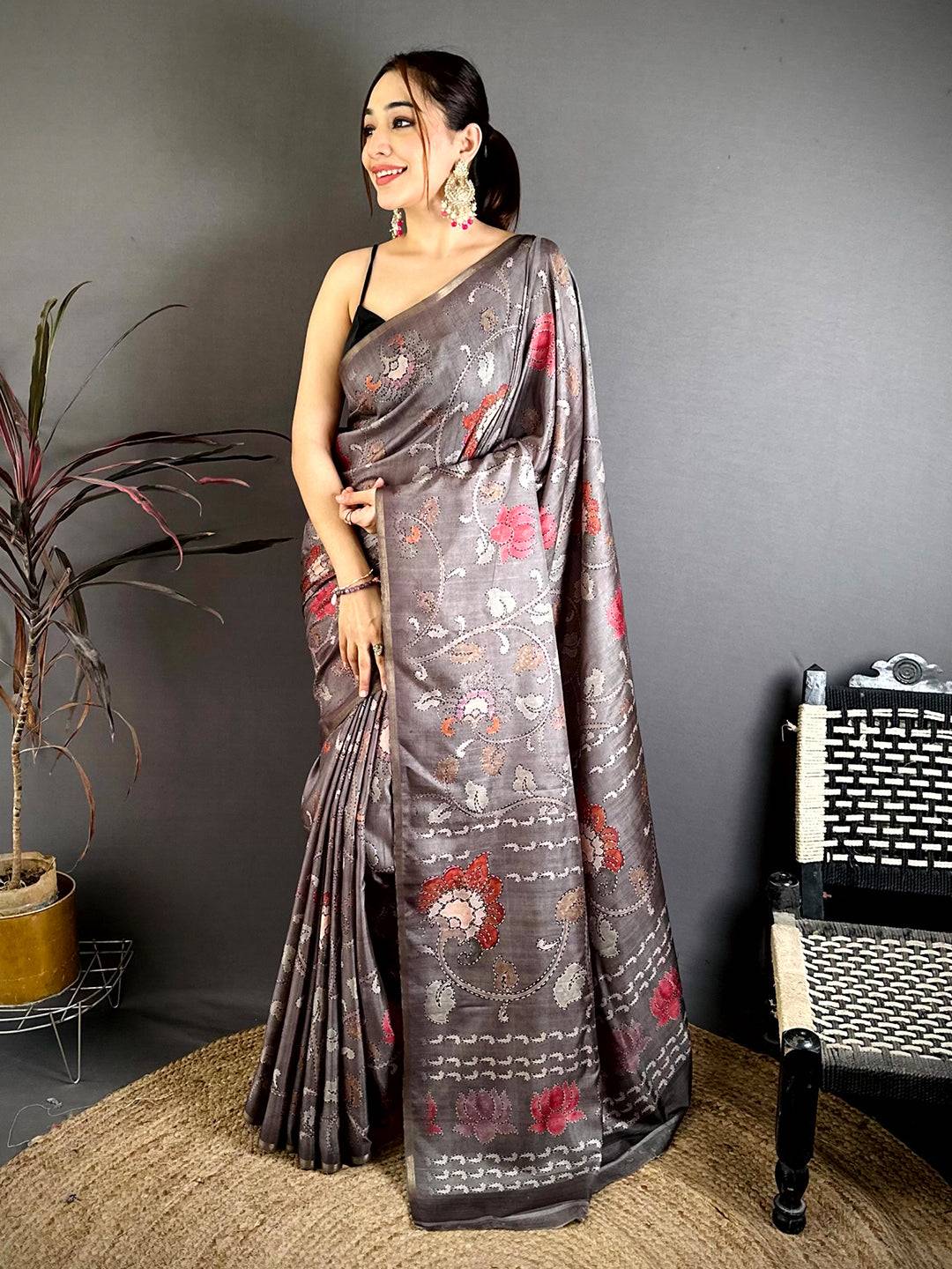 Taupe Brown Kalamkari Soft Zarna Silk Saree