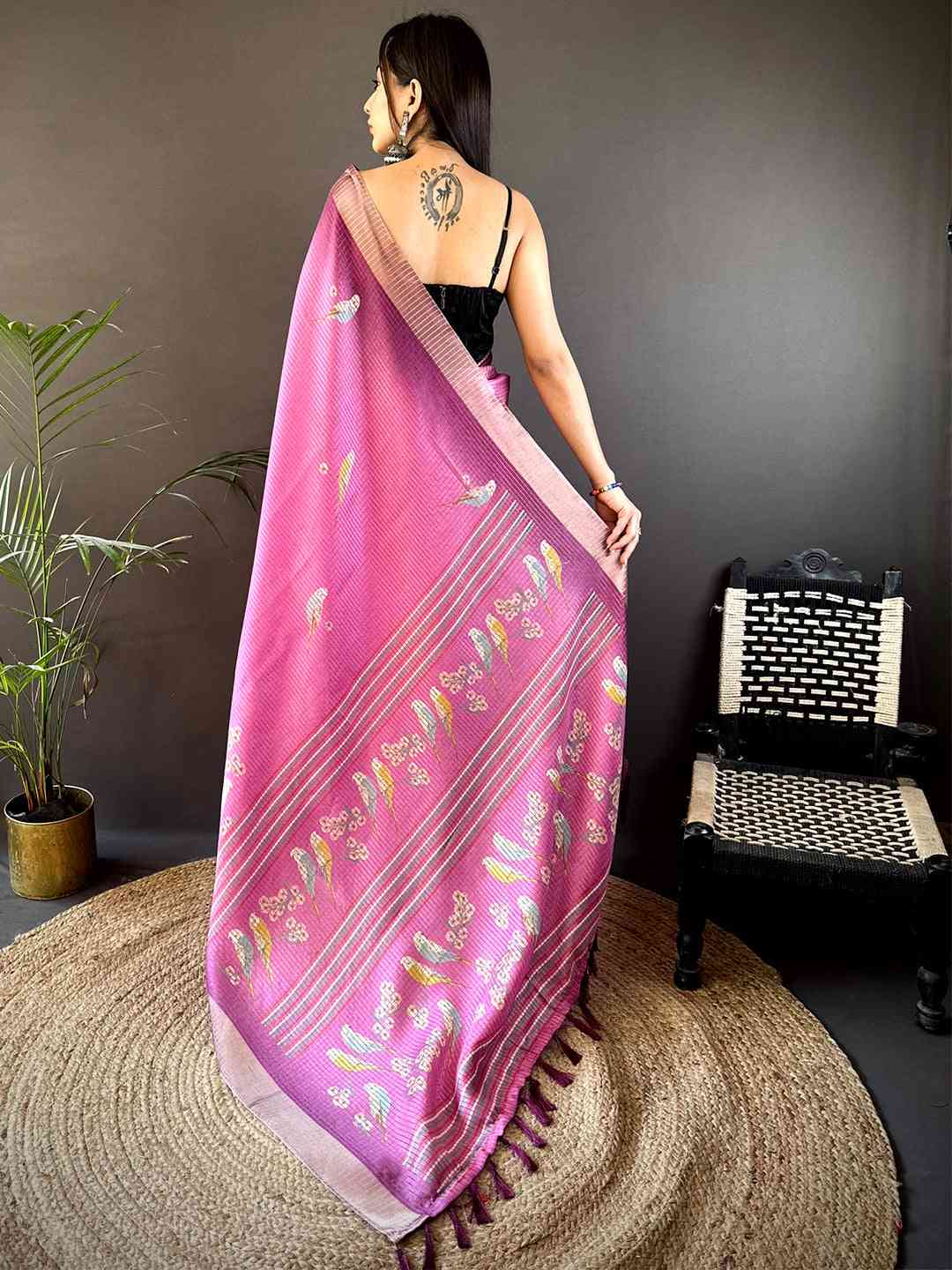 Pink Chanderi Check Sparrow Print Saree