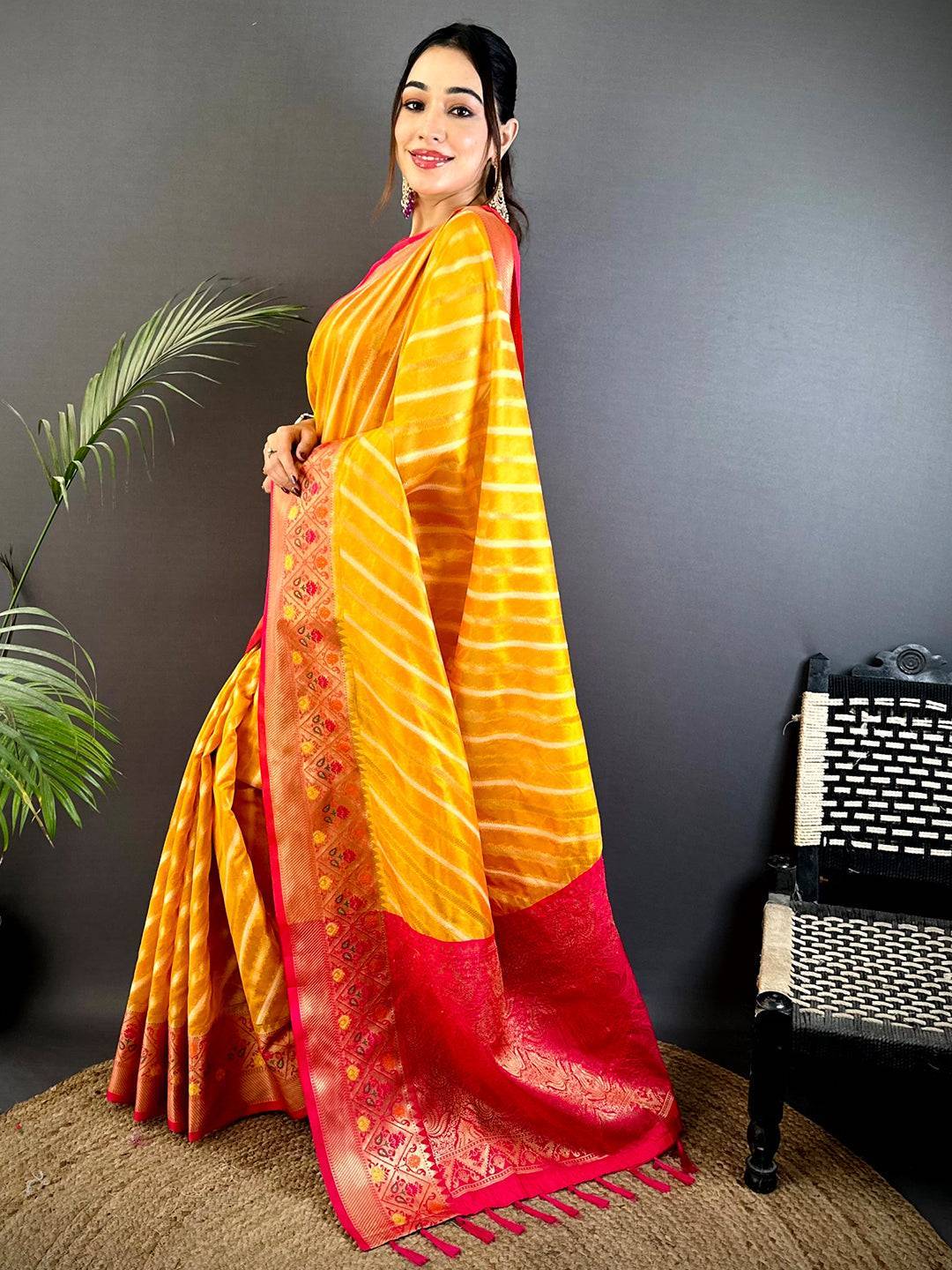 Yellow Banarasi Lehriya Katan Silk Saree

