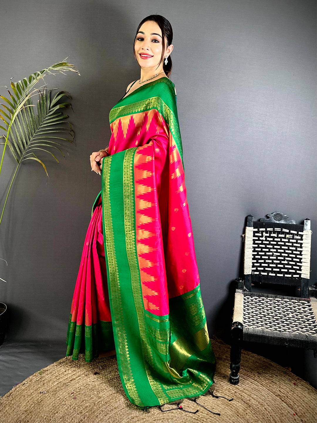 Pink Rudraksha Temple Weave Katan Silk Saree