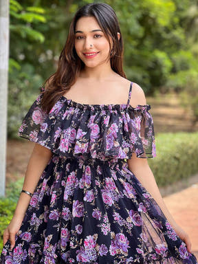 Close-up of floral off-shoulder dress with ruffle detail