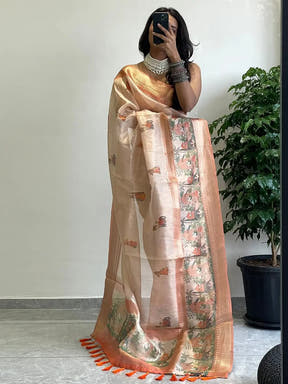 Elegant Soft Gold Zari Tissue Saree with intricate digital print.