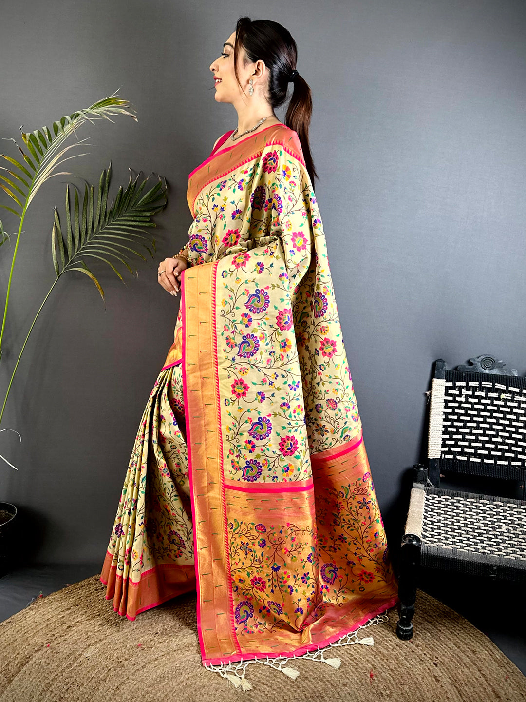 Cream Minakari Weave Soft Paithani Saree


