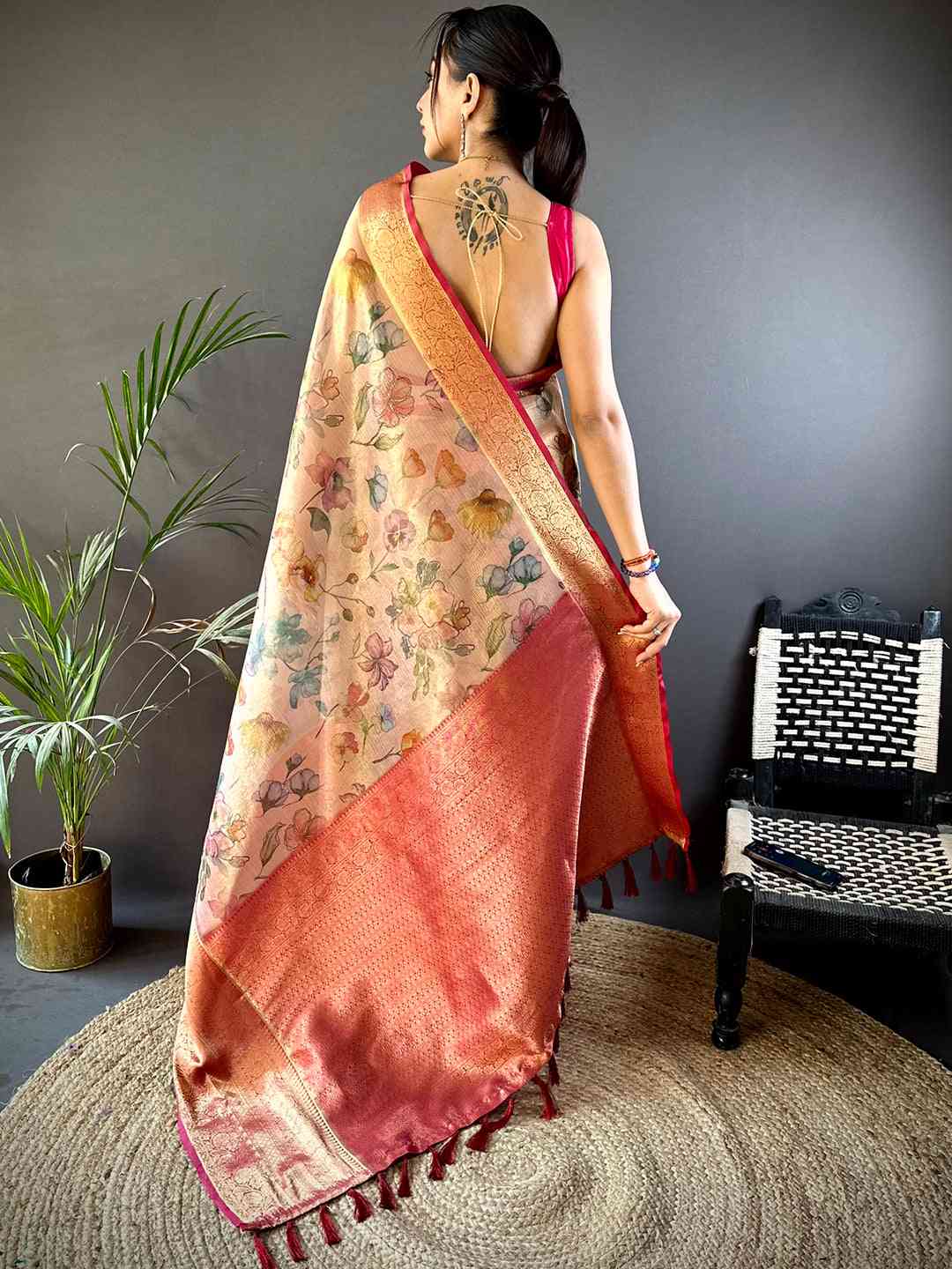 Tan Beige Floral Gold Zari Tissue Saree