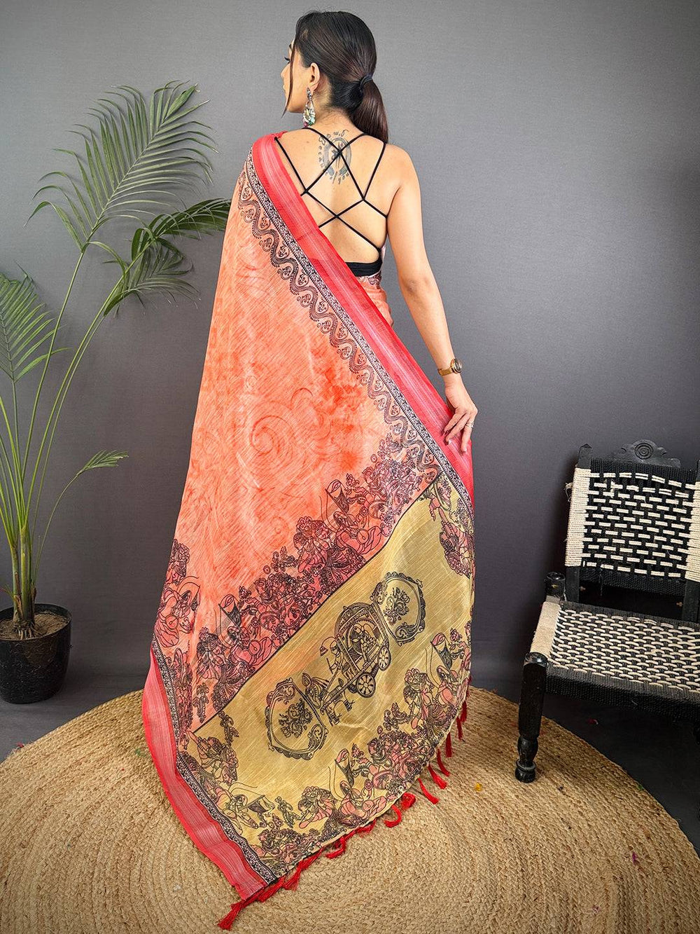 Red Linen Kalamkari Printed Saree