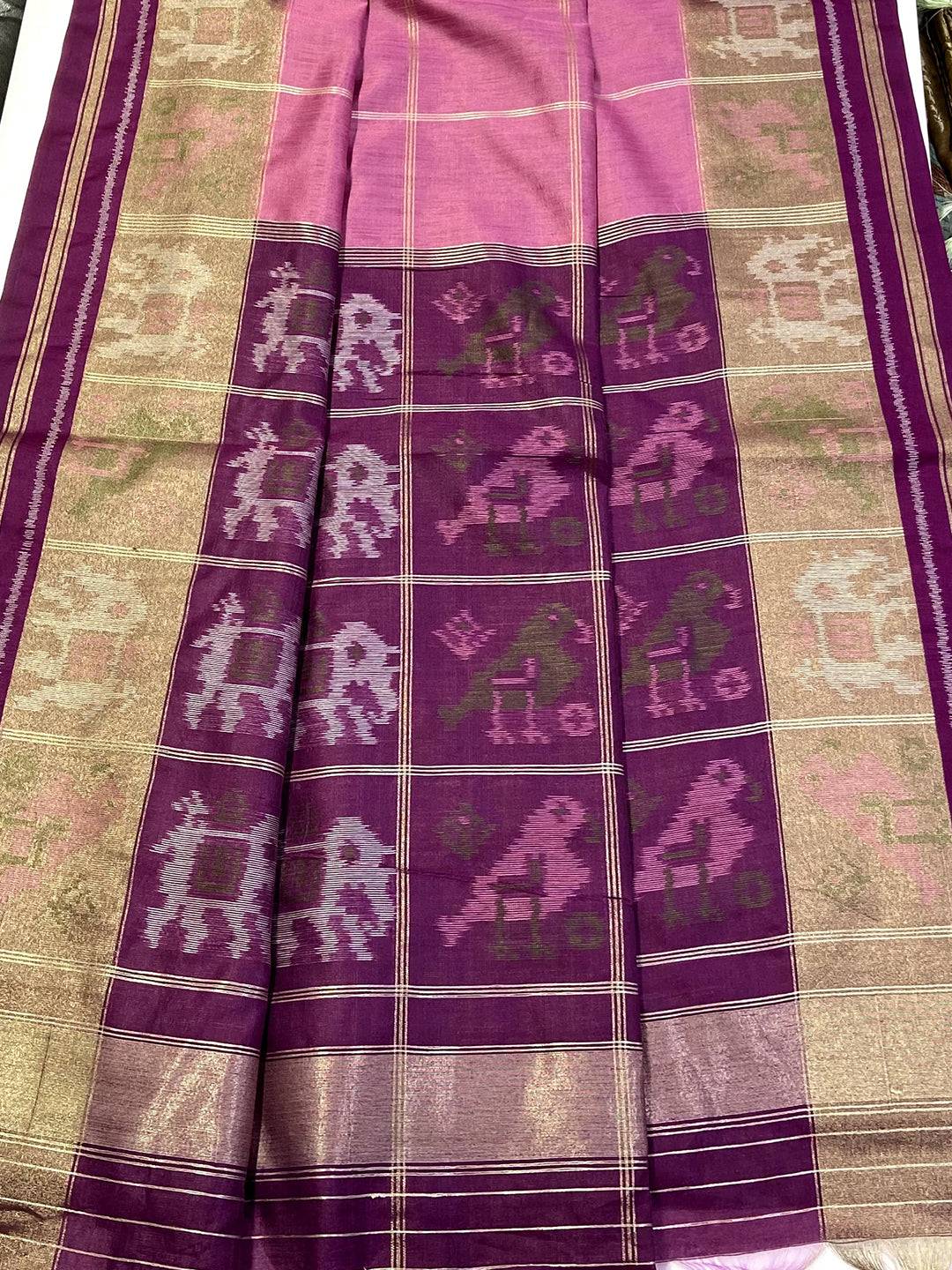 Pink Double Ikat Tussar Silk Saree