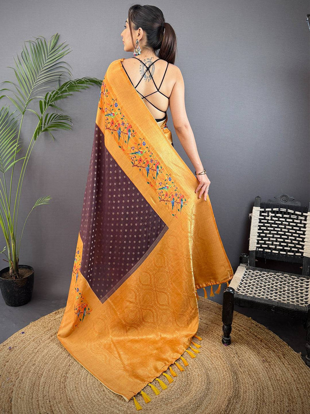 Brown Gadwal Silk Double Chex Saree