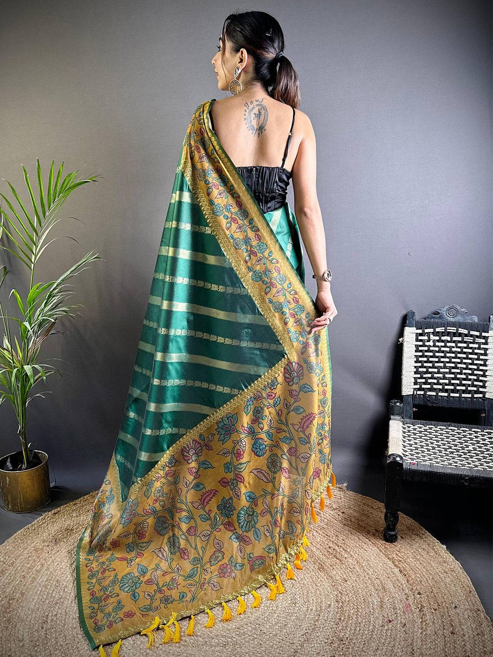 Green Gold Zari And Kalamkari Print Saree