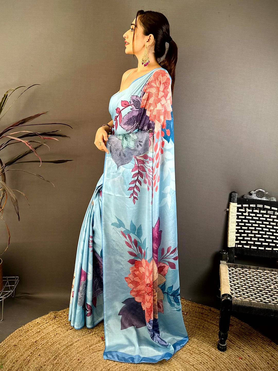 Sky Blue Soft Chiffon Floral Stone Work Saree