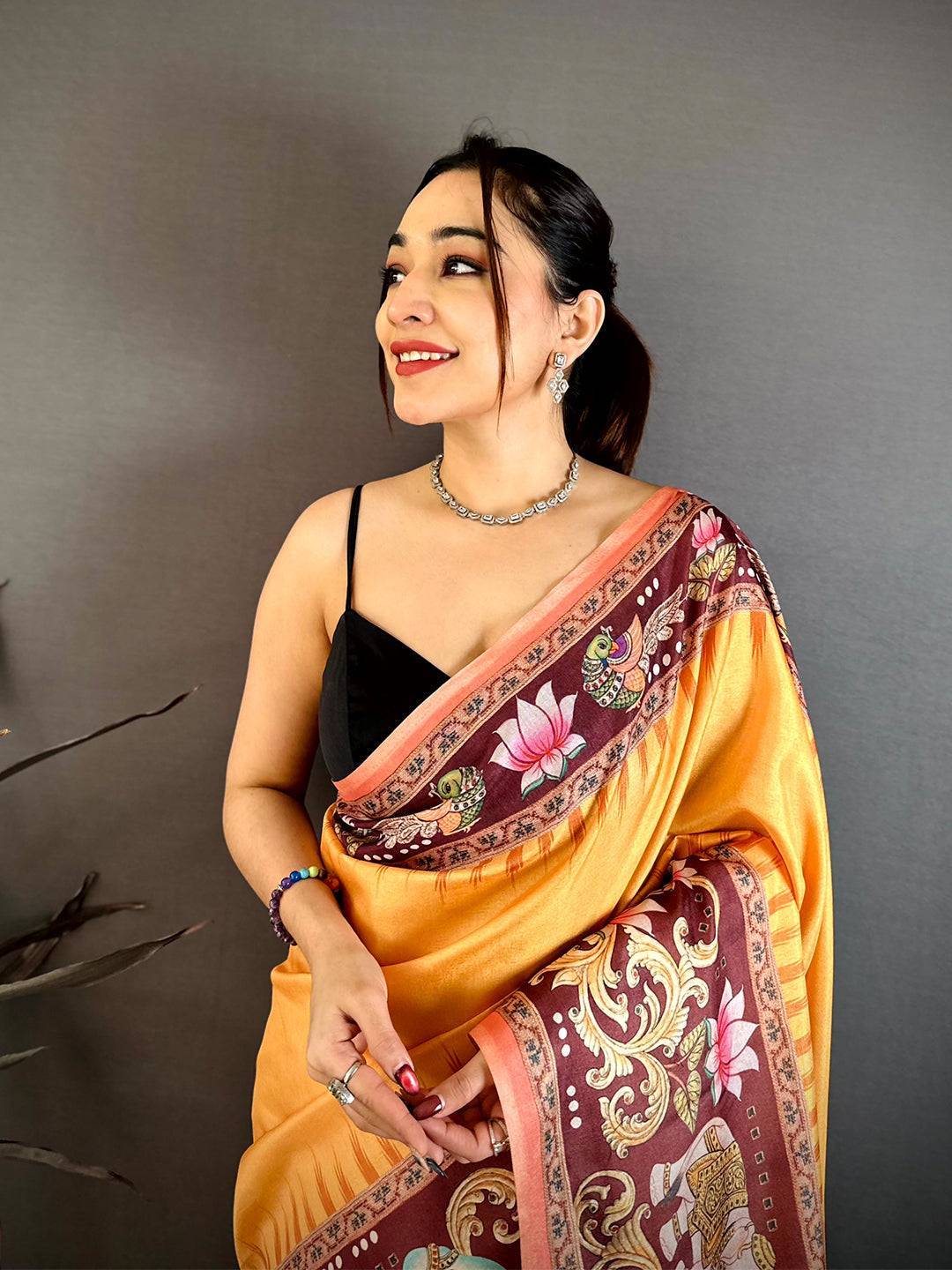Mustard Tanjore Elephant Tussar Saree
