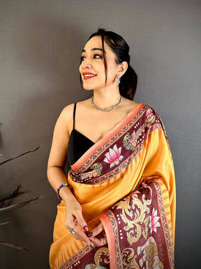Mustard Tanjore Elephant Tussar Saree