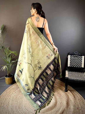 Sage Green Tissue Chanderi Japanese Print Saree