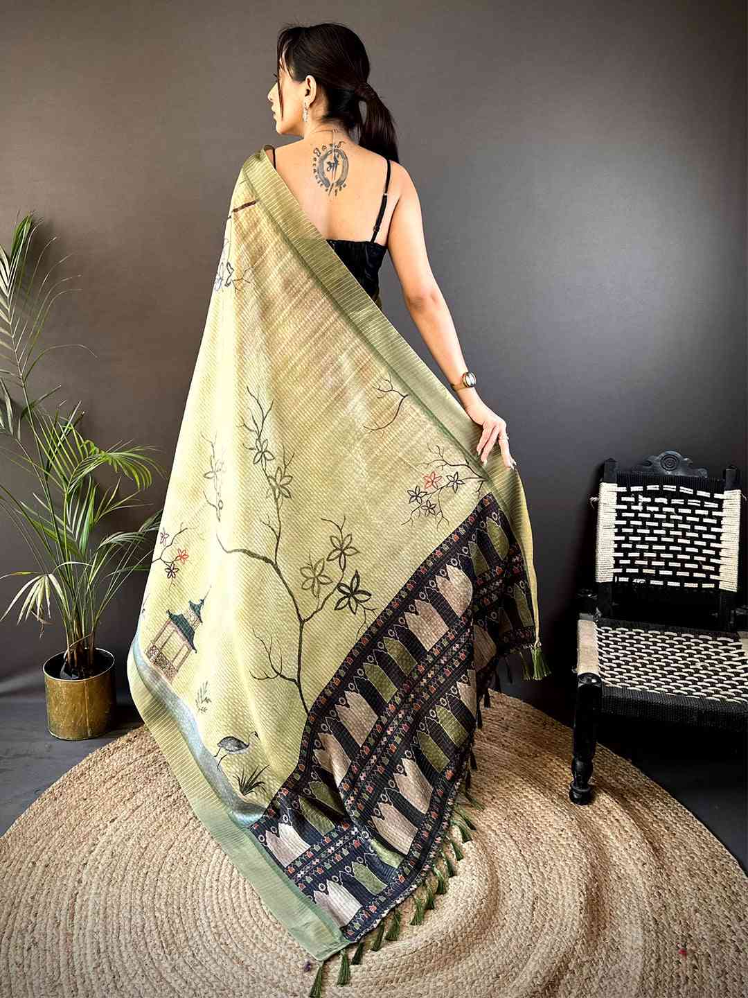 Sage Green Tissue Chanderi Japanese Print Saree