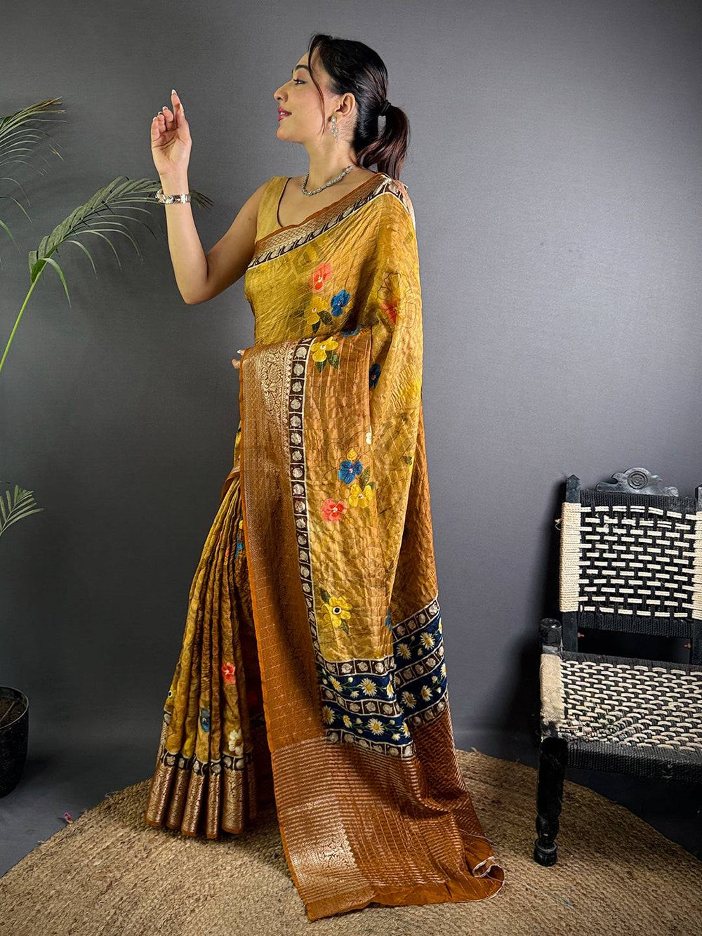 Honey Yellow Floral Printed Viscose Saree