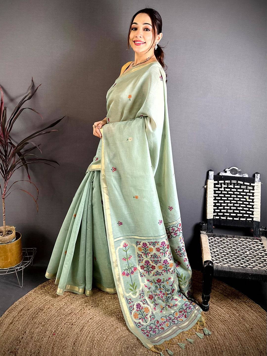 Sky Blue Minakari Khadi Cotton Saree