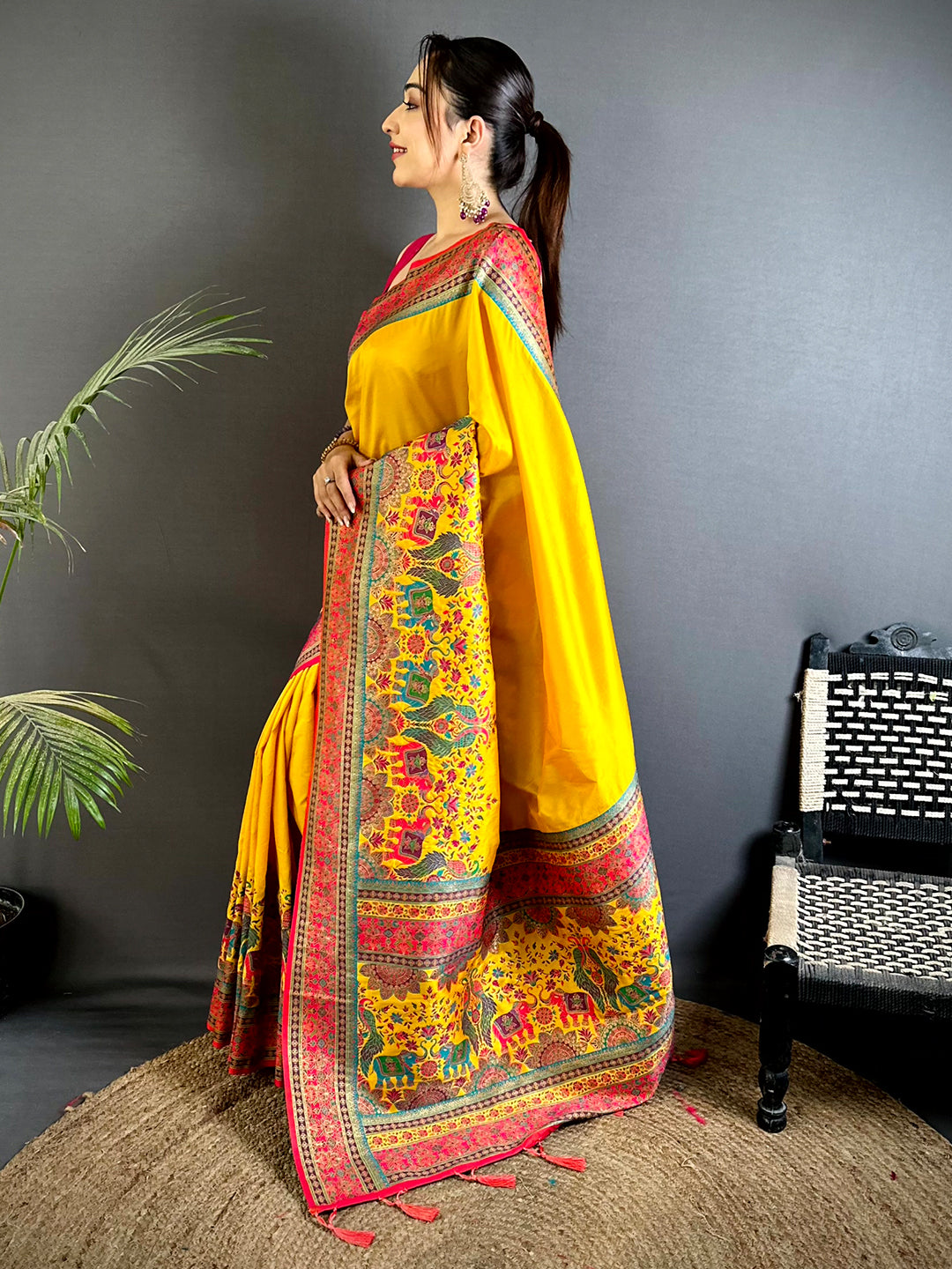 Yellow Kashmiri Art Soft Silk Saree
