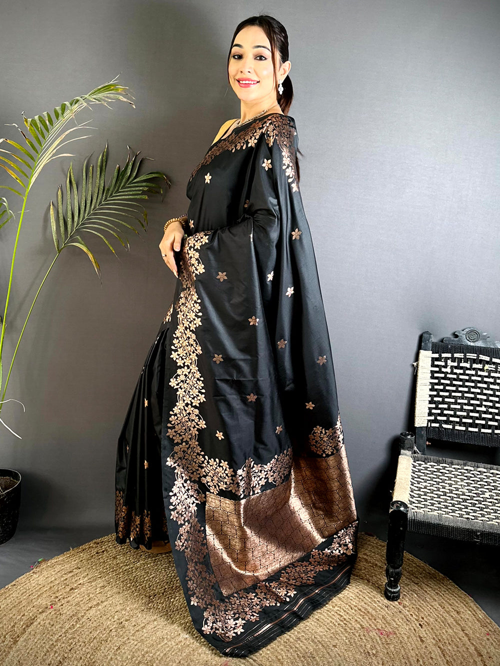 Rose Gold Blossom Soft Satin Silk Saree