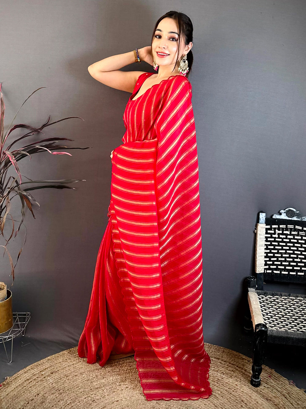 Pink Gold Zari Stripe Chiffon Saree