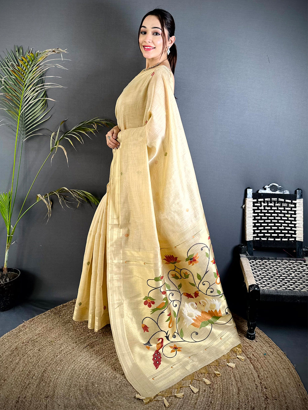 Off White Swan Minakari Linen Saree