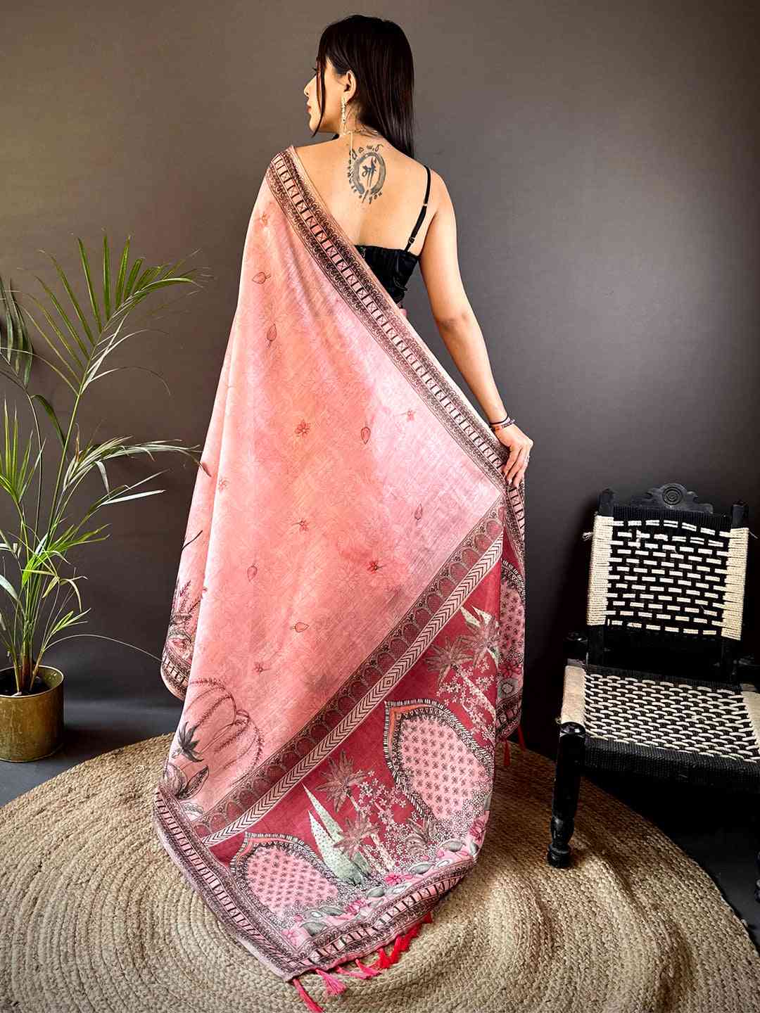 Blush Pink Tussar Floral Leaf Print Saree